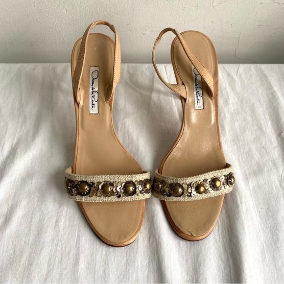 Oscar De La Renta Beaded Linen Sling Back Sandals Kitten Heels - Picture 9 of 14